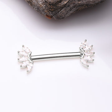 Detail View 1 of A Pair of 14 Karat White Gold OneFit Threadless Marquise Sparkle Floral Nipple Barbell-Clear Gem